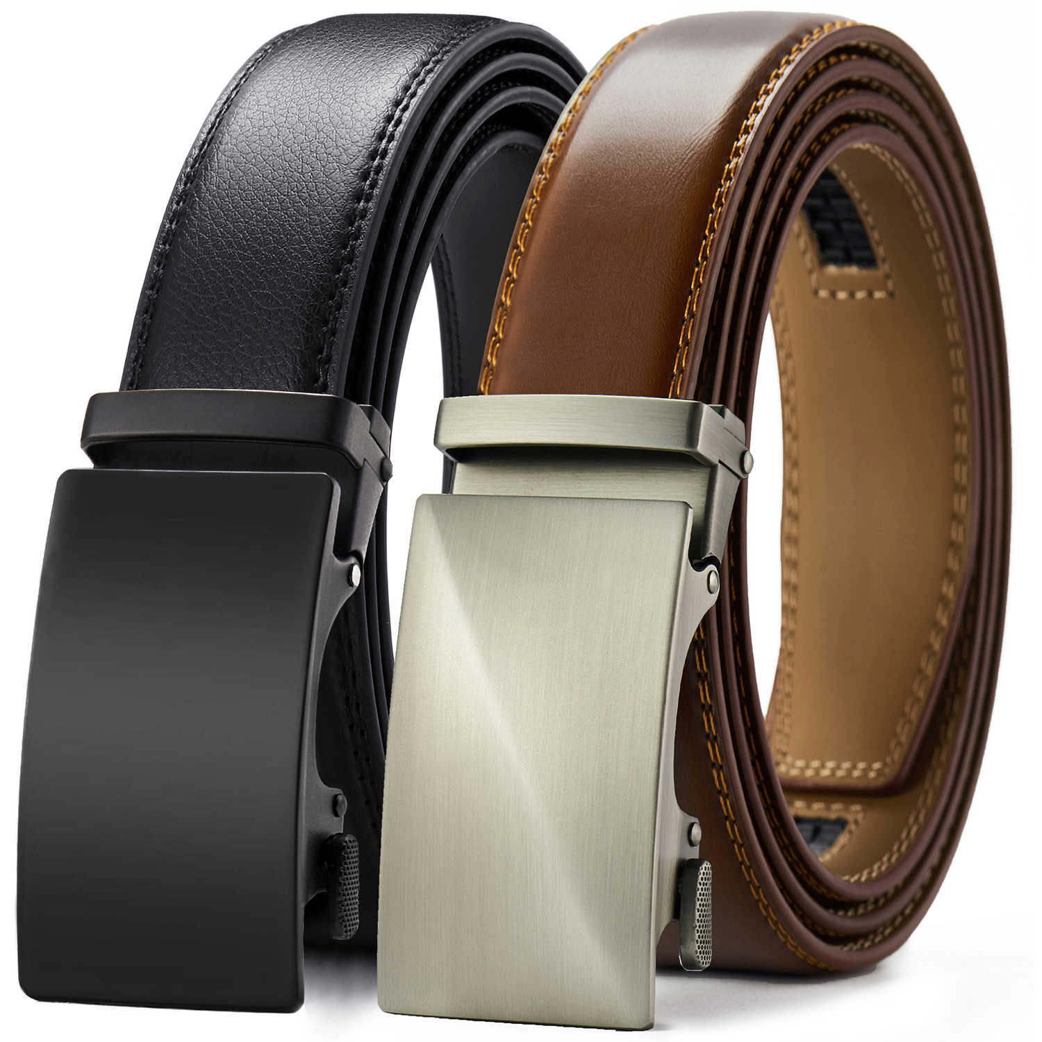 Chaoren Leather Ratchet Belt 2 Pack Dress with Click Sliding Buckle (Black and Grey)