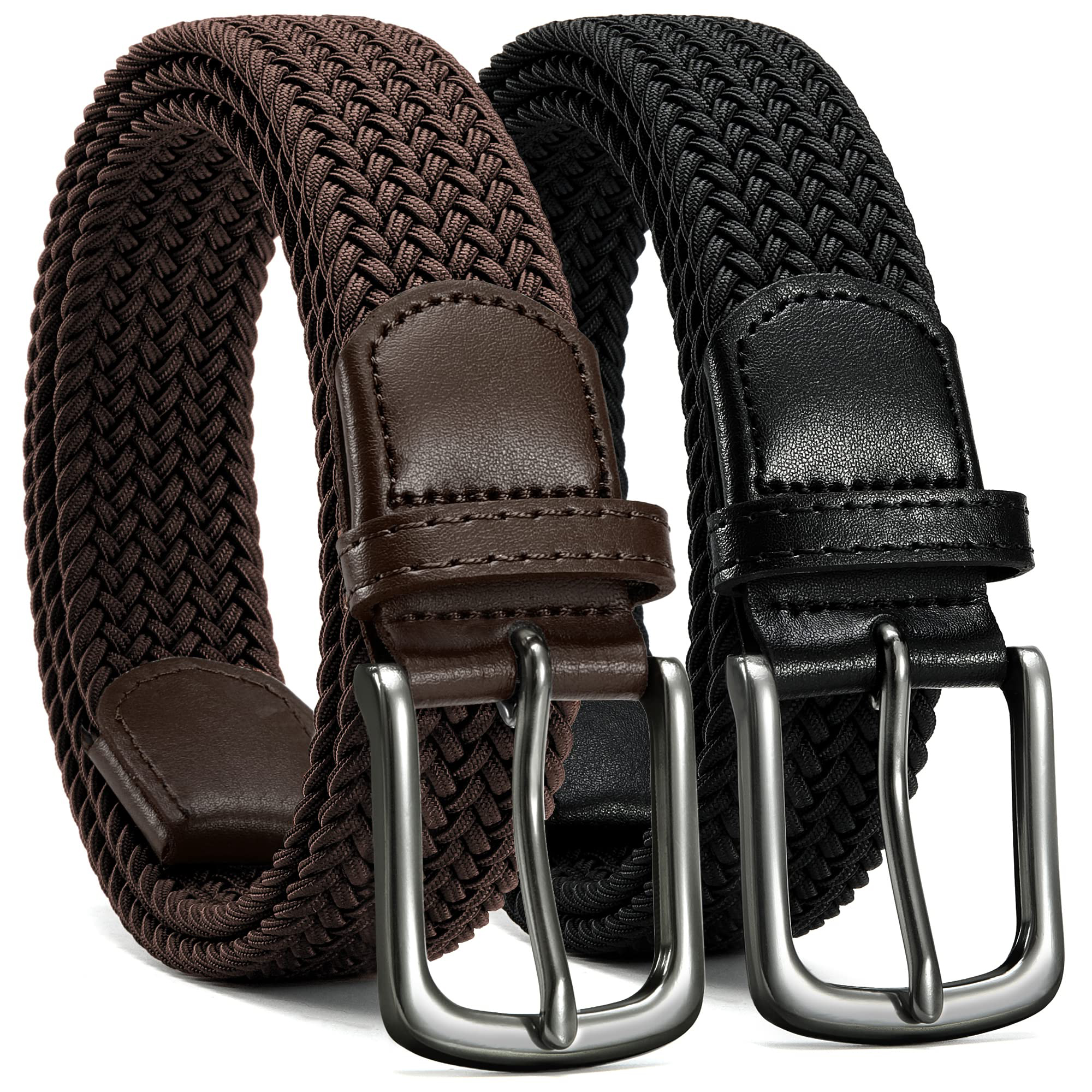 CHAOREN Mens Stretch Belt 2Pack - 1 3/8" Elastic Braided Woven Golf Belts for Men - Fit Casual Jeans Pants