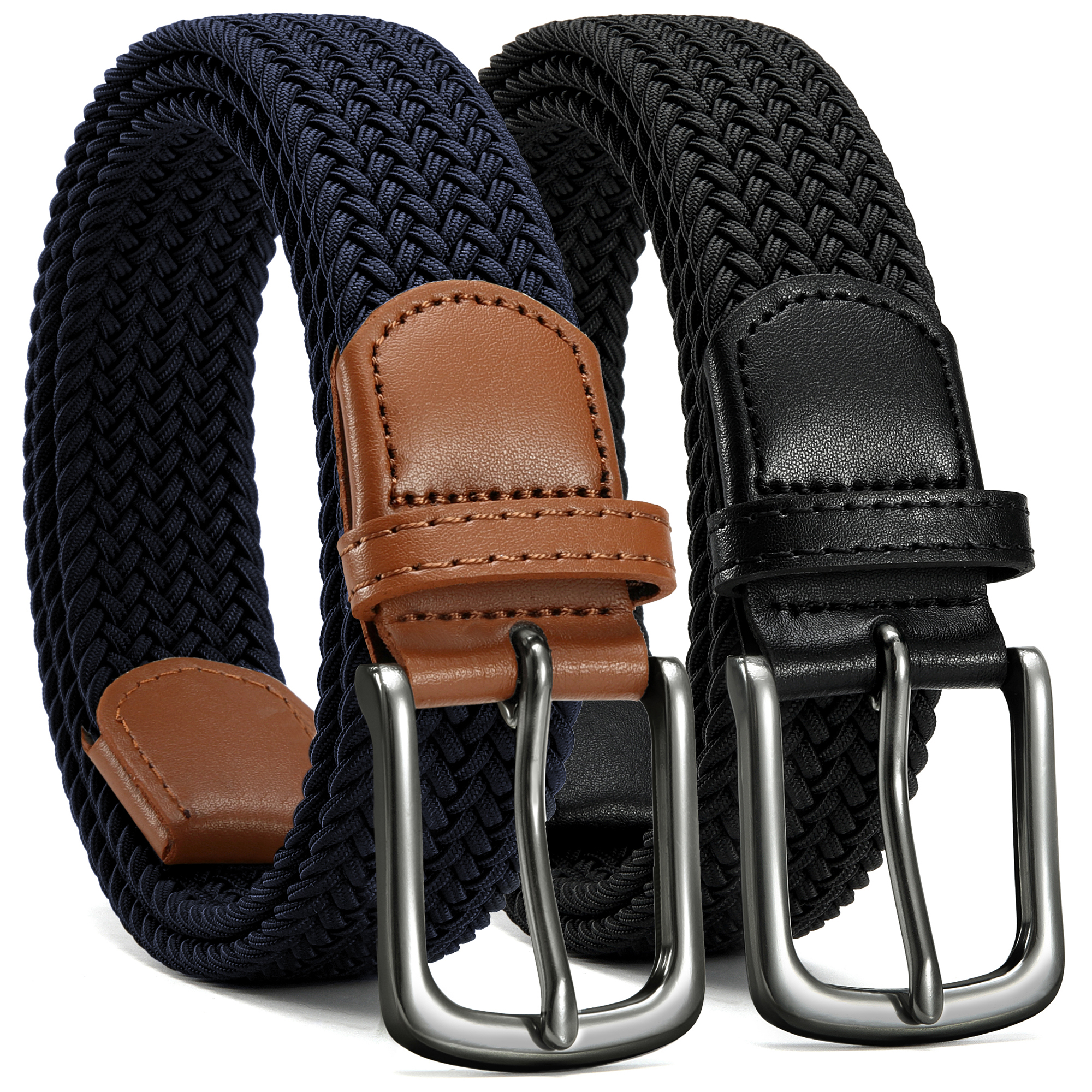 CHAOREN Mens Stretch Belt 2Pack - 1 3/8" Elastic Braided Woven Golf Belts for Men - Fit Casual Jeans Pants
