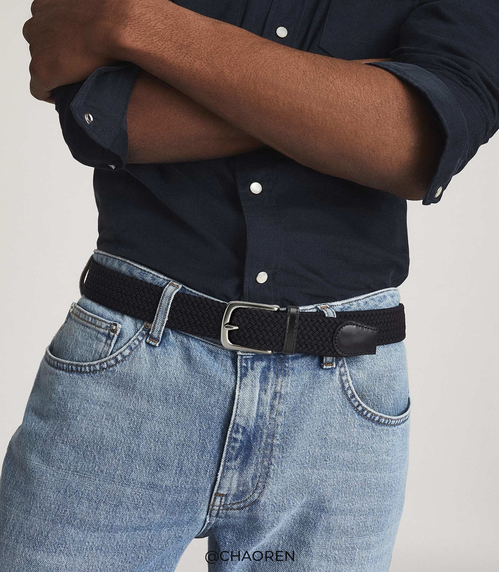 CHAOREN Mens Stretch Belt 2Pack - 1 3/8" Elastic Braided Woven Golf Belts for Men - Fit Casual Jeans Pants