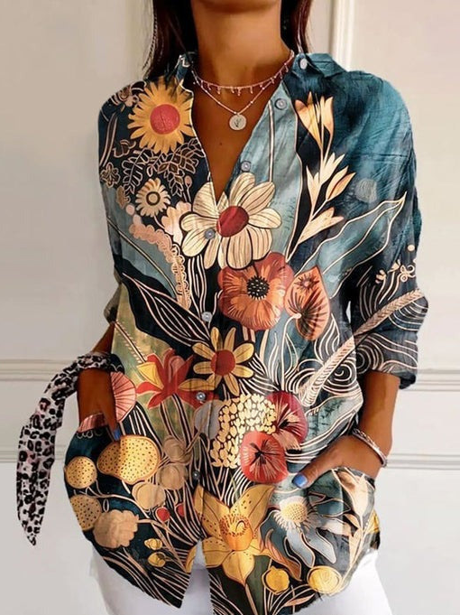 (UGC TEST)Shirt Collar Long Sleeve Floral Regular Loose Shirt For Women