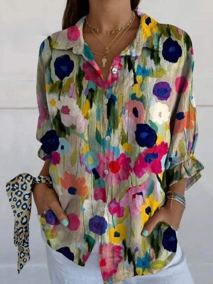 (UGC TEST)Shirt Collar Long Sleeve Floral Regular Loose Shirt For Women