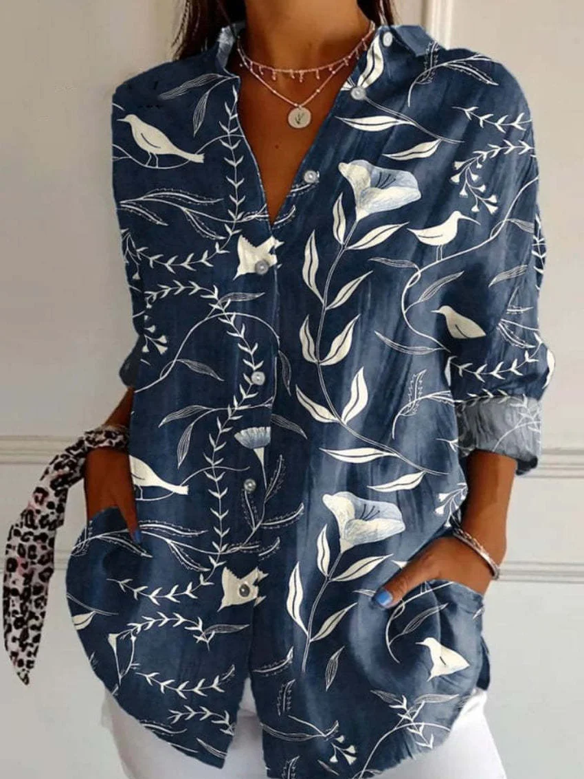 (UGC TEST)Shirt Collar Long Sleeve Floral Regular Loose Shirt For Women