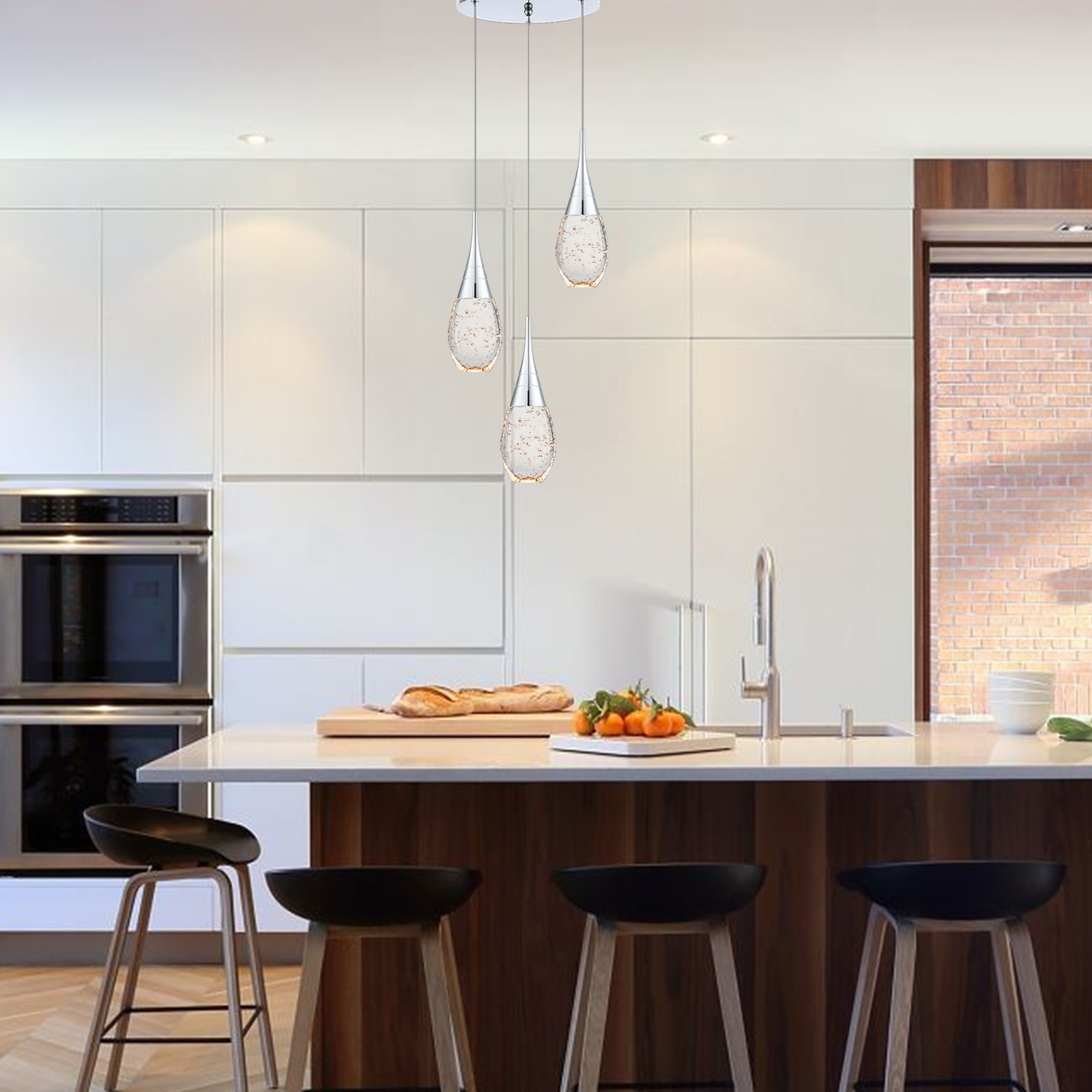 JoollySun 3-Light Cluster Pendant Lighting with Bubble Crystal for Dining Room Kitchen Table