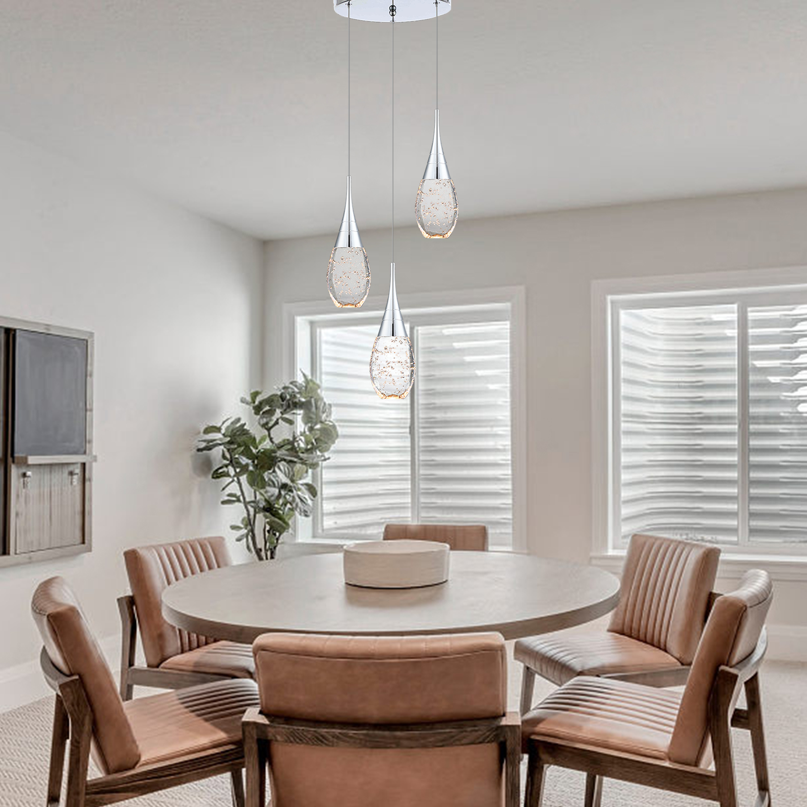 JoollySun 3-Light Cluster Pendant Lighting with Bubble Crystal for Dining Room Kitchen Table