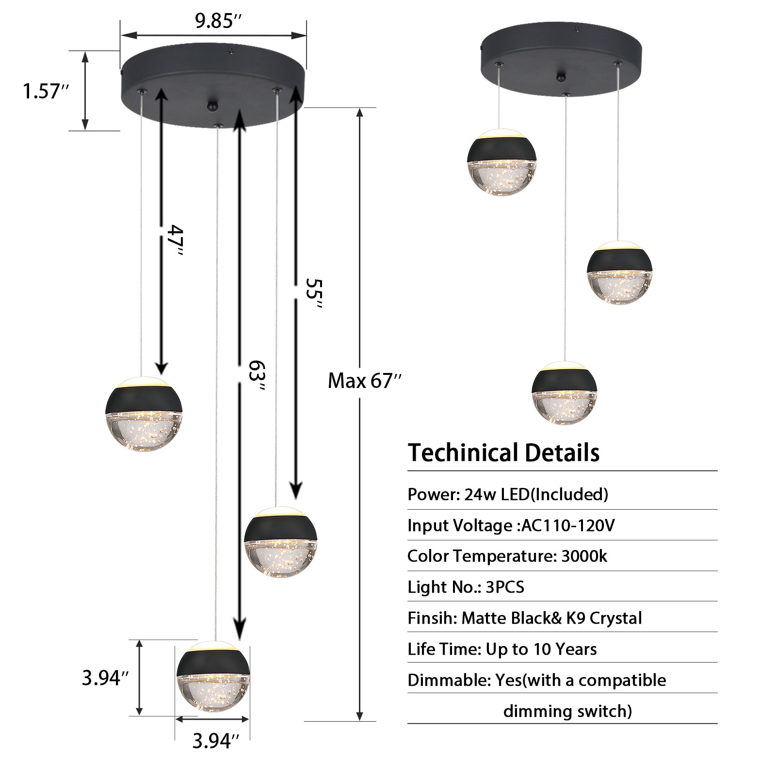JoollySun 3-Light Cluster Crystal Pendant - Matte Black