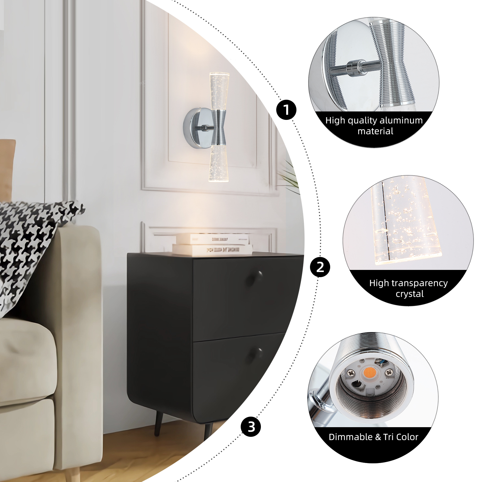 JoollySun Modern Crystal Wall Sconce - Polished Chrome 