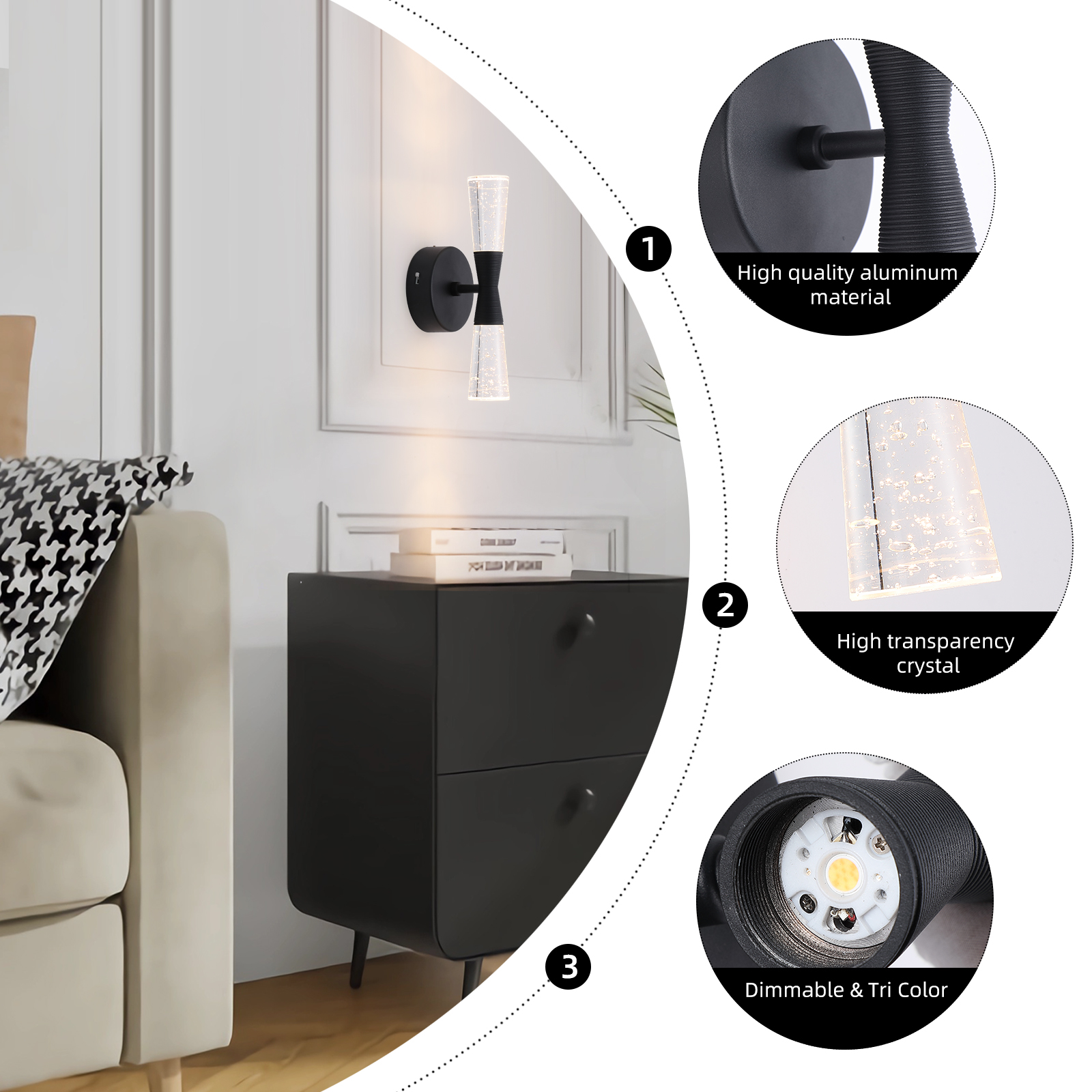 JoollySun Modern Crystal Wall Sconce - Matte Black