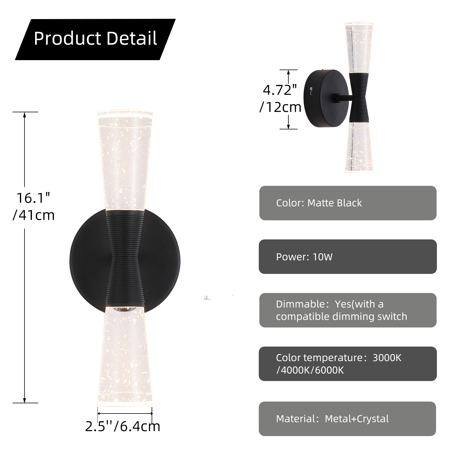 JoollySun Modern Crystal Wall Sconce - Matte Black