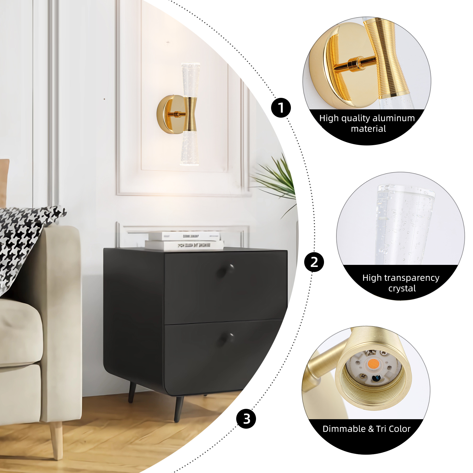 JoollySun Modern Crystal Wall Sconce - Polished Gold 