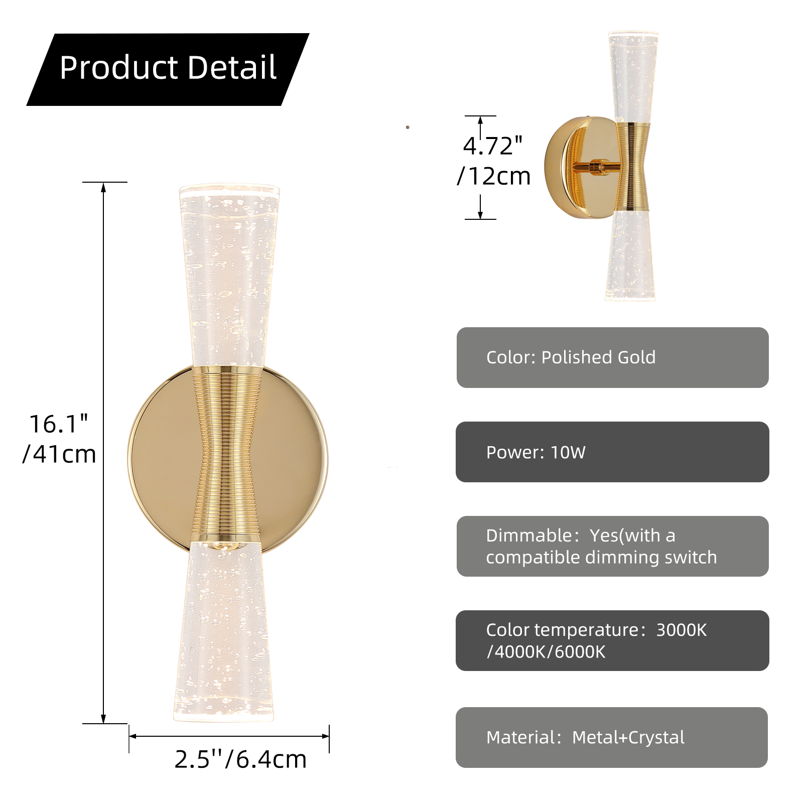 JoollySun Modern Crystal Wall Sconce - Polished Gold 