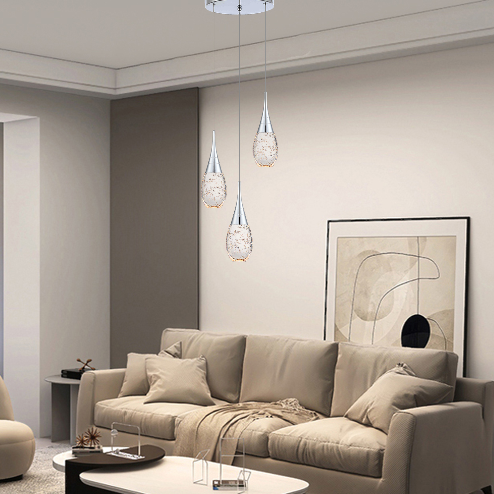 JoollySun 3-Light Cluster Pendant Lighting with Bubble Crystal for Dining Room Kitchen Table