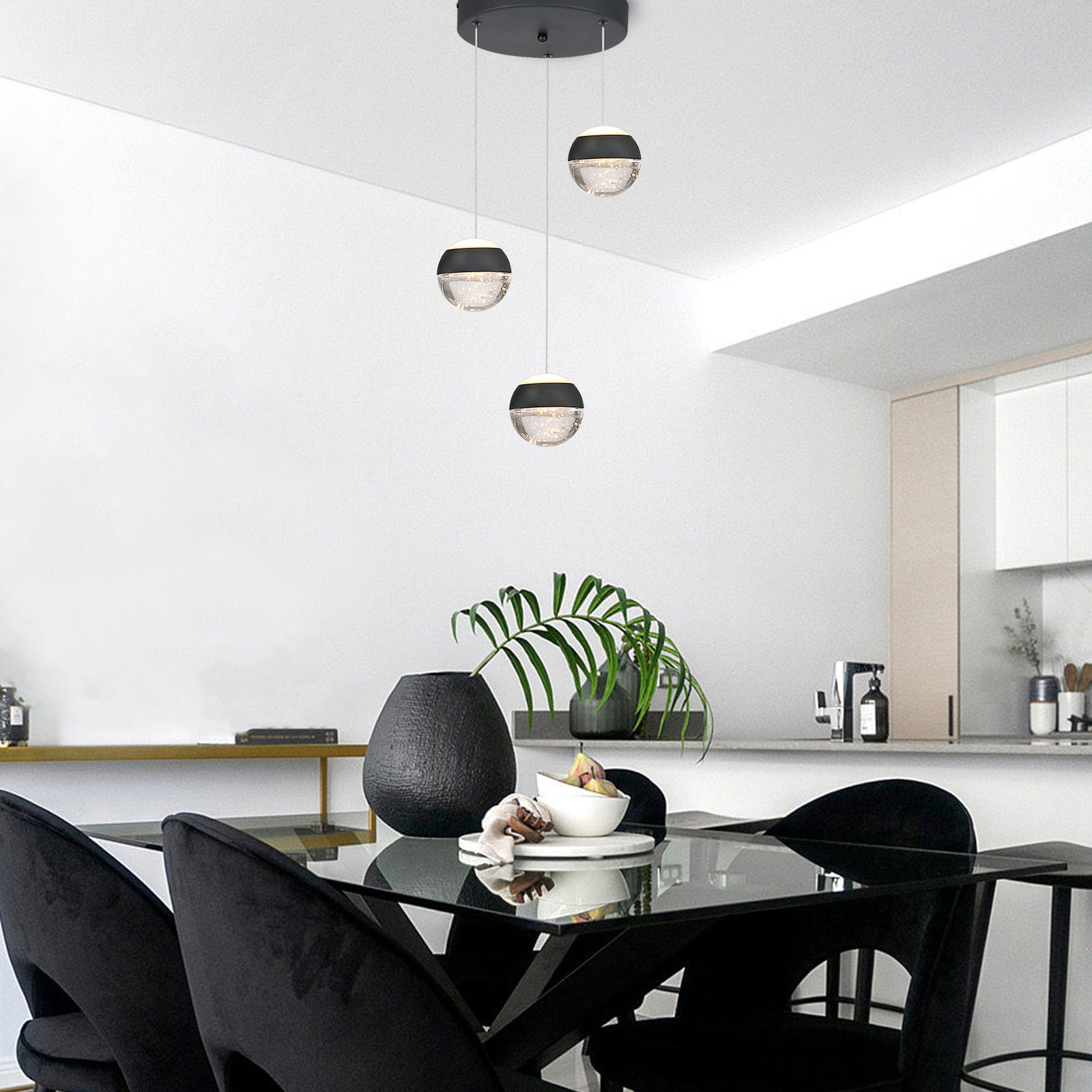 JoollySun 3-Light Cluster Crystal Pendant - Matte Black