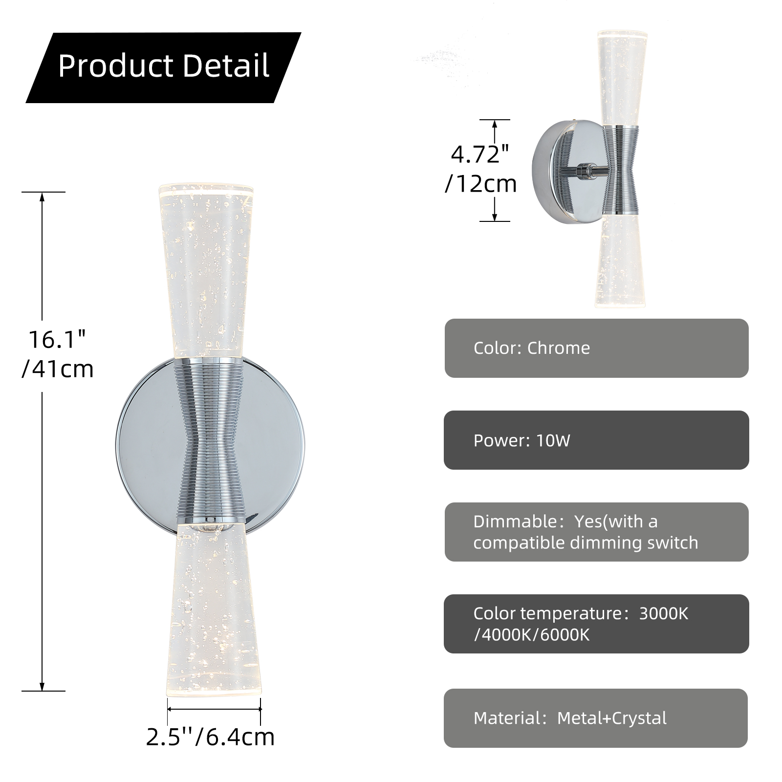 JoollySun Modern Crystal Wall Sconce - Polished Chrome 