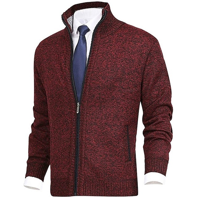 Men's Cardigan Sweater Zip Sweater Ribbed Knit Regular Pocket Knitted Plain Stand Collar Warm Ups Modern Contemporary Daily Wear Going out Clothing Apparel Winter Wine Red Black S M L