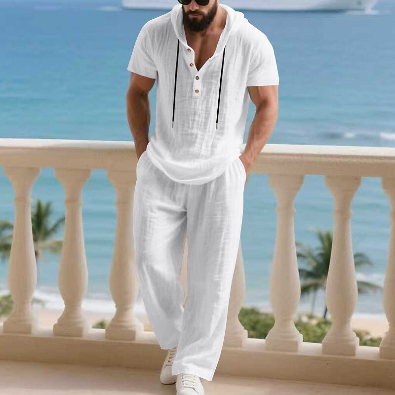 Men's T-shirt Suits Shirt and Pant Sets 2 Pieces Outfits Short Sleeve Hooded Summer Spring Plain Fashion Casual Drawstring 2 Piece Buttons Vacation Daily Wear Going out Black White Yellow Top Tee for