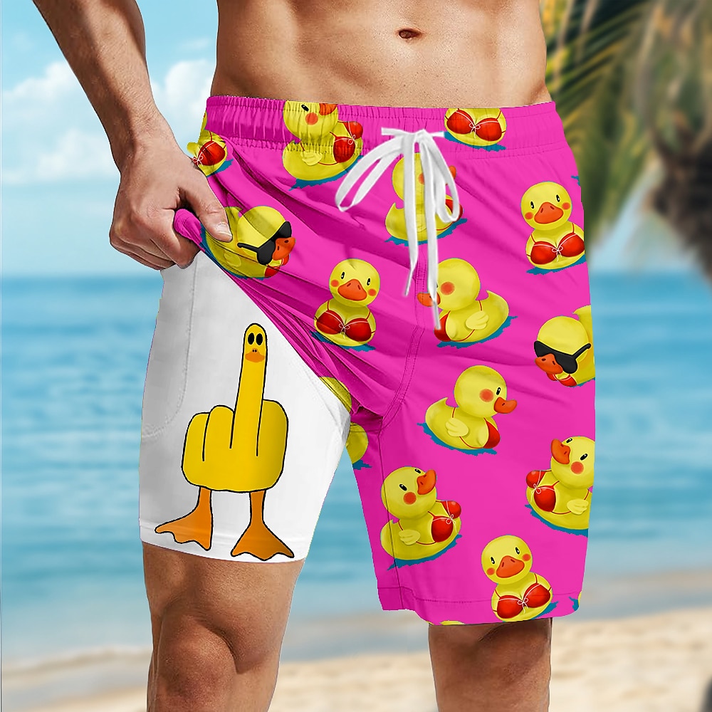 Men's Little Yellow Duck Funny Lined Shorts 2 in 1 Board Shorts Swim Shorts Mid Waist Hawaiian Vacation Beach Wear Side Pockets With Compression Liner Elastic Drawstring Waist Designer Clothing