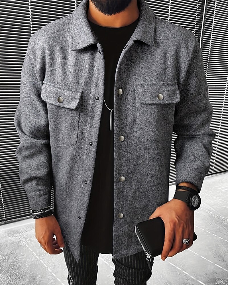 Men's Shirt Jacket Casual Jacket Vacation Daily Breathable Pocket Spring Fall Plain Fashion Classic Lapel Regular Dark Gray Black Navy Blue Khaki Light Grey Jacket