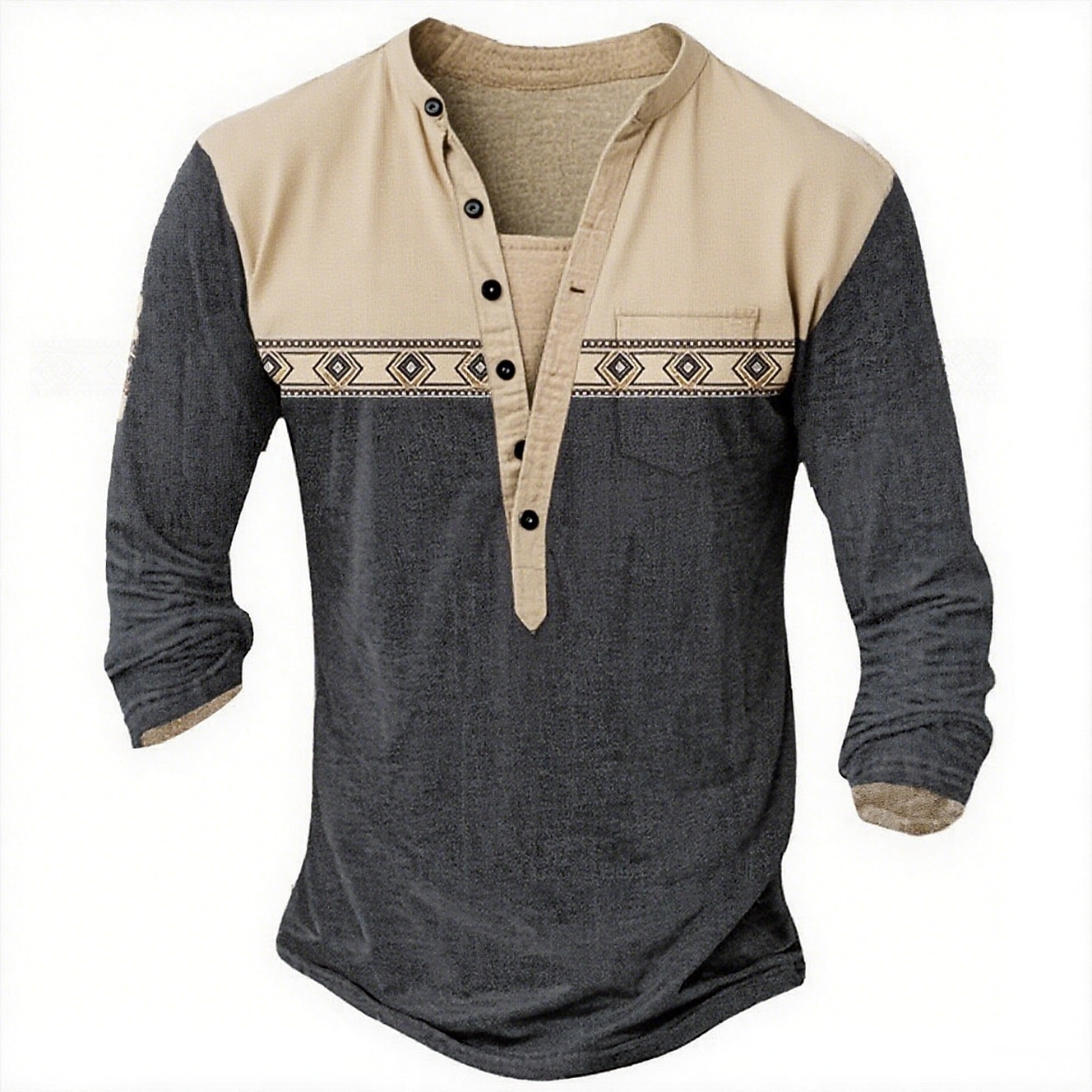 Men's Geometric Ethnic Henley Shirt Tee Long Sleeve Ethnic Casual Summer Spring Fall Lake blue Dark Gray Black Green Light Blue Henley Henley T-Shirt