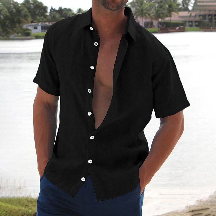 Men's Linen Shirt Summer Shirt Beach Wear Button Up Shirt Black White Blue Green Short Sleeve Solid Color Turndown Summer Hawaiian Holiday Clothing Apparel Button-Down