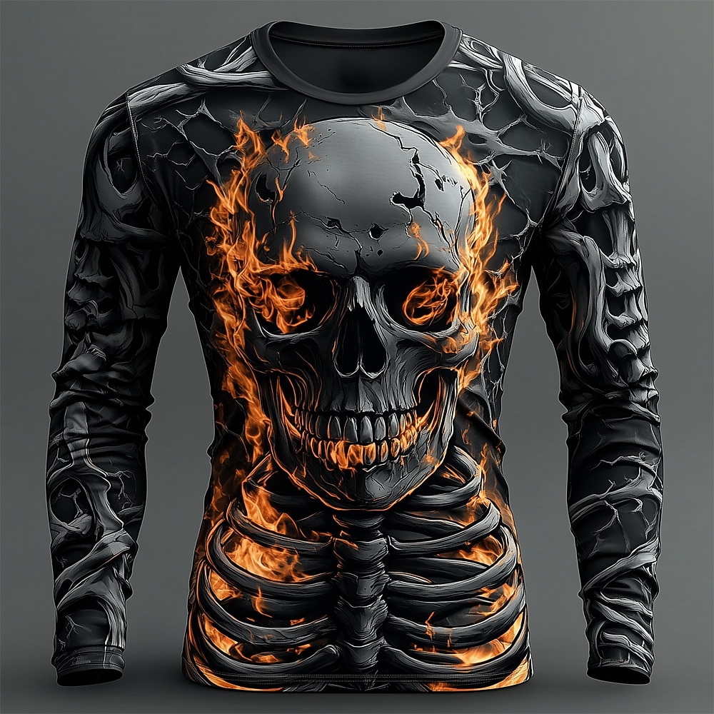 Halloween Day of the Dead Skull Men's Skeleton Costume T Shirt Long Sleeve T shirt 3D Print Crew Neck Shirt Fashion Exaggerated Street Casual Daily  Summer Spring Fall Clothing Apparel