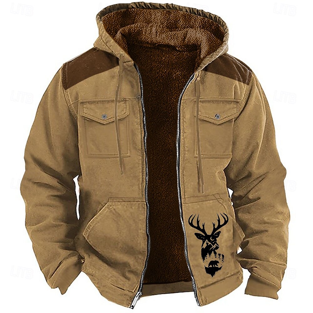 Men's Graphic Reindeer Fleece Hoodie Long Sleeve Hooded Sweatshirt Crew Neck Vintage Graphic Print Sport Casual Hunting Brown Green Fall Winter Designer