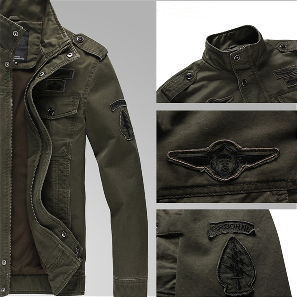 Men's Bomber Jacket Varsity Jacket Tactical Jacket Casual Wearable Multi Pocket Spring Fall Winter Cargo Military Style Stand Collar Regular Cotton Black Khaki Army Green Jacket