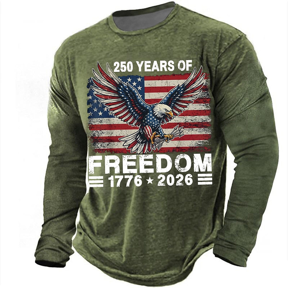 America's 250th Anniversary Men's American US Flag Eagle T Shirt Long Sleeve T shirt 3D Print Crew Neck Shirt Daily Casual Daily Travel Party Blue Black Army Green Summer Spring Fall Clothing Apparel
