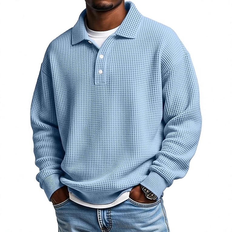 Men's Waffle Polo Shirts Polo Shirts Formal Business Ribbed Polo Collar Long Sleeve Fashion Solid Color Buttons Plain Fall Spring &  Fall Loose Fit Green Light Blue Purple Khaki Light Grey Dark Grey