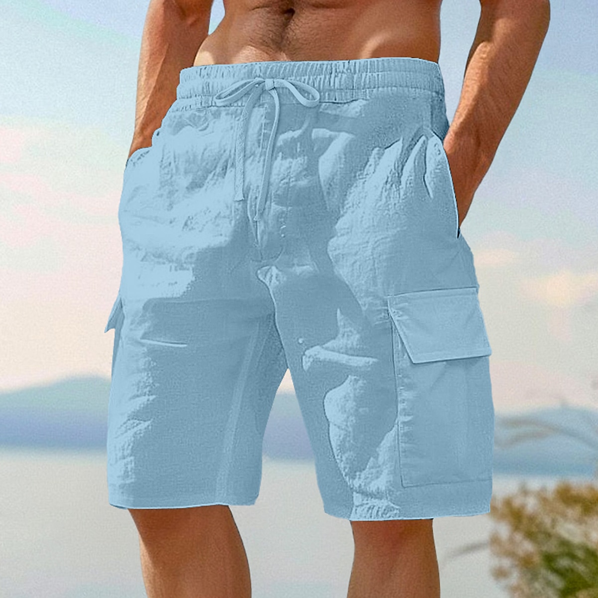 Men's Cargo Shorts Linen Shorts Summer Shorts Beach Shorts Elastic Waist Drawstring Multi Pocket Plain Knee Length Outdoor Beach Vacation Hawaiian Black White Inelastic