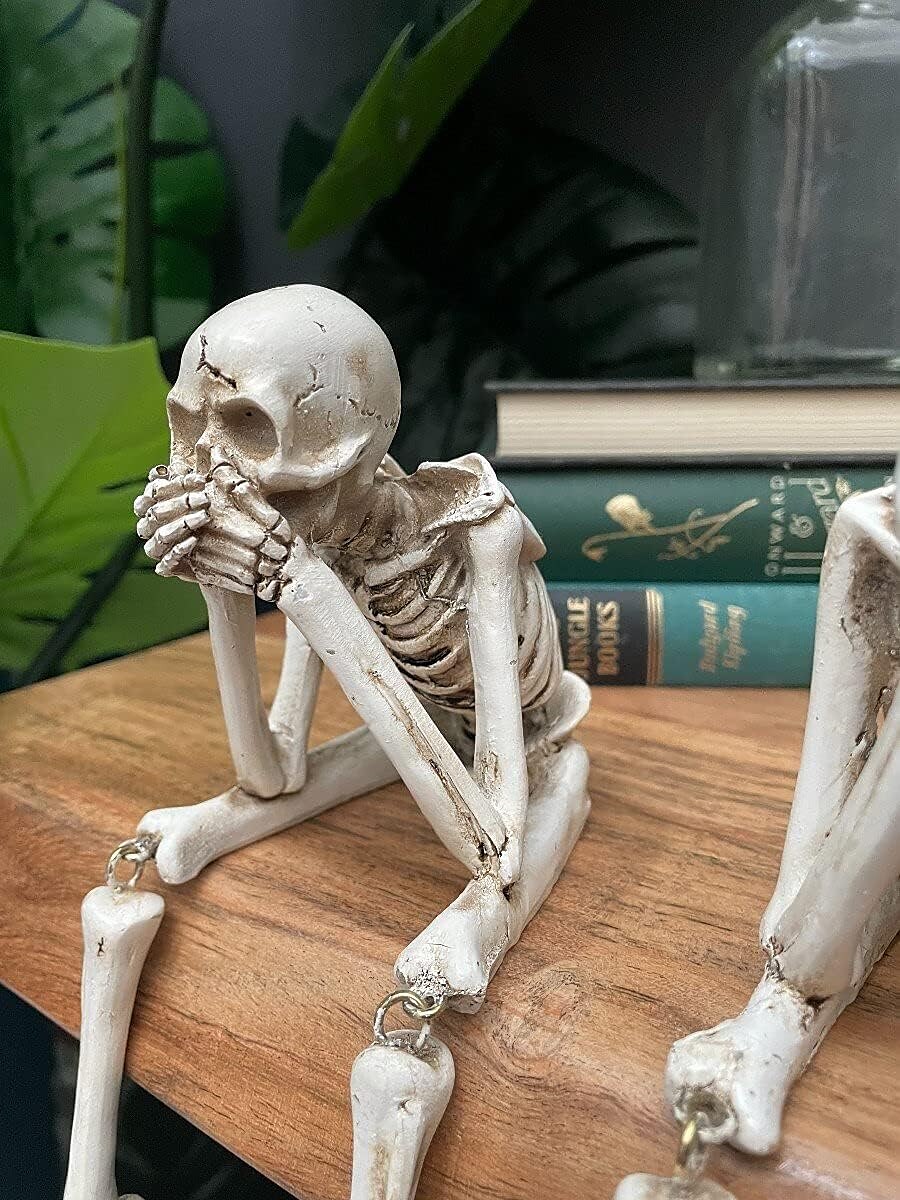 Halloween Skull Statues, Resin Skeleton Shelf Sitters, Sitting Figurines for Home Bookshelf and Table Edge, Decorative Crafts Ornaments for Skeleton Lovers
