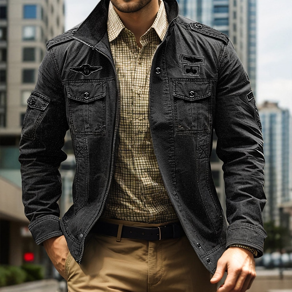 Men's Bomber Jacket Varsity Jacket Tactical Jacket Casual Wearable Multi Pocket Spring Fall Winter Cargo Military Style Stand Collar Regular Cotton Black Khaki Army Green Jacket