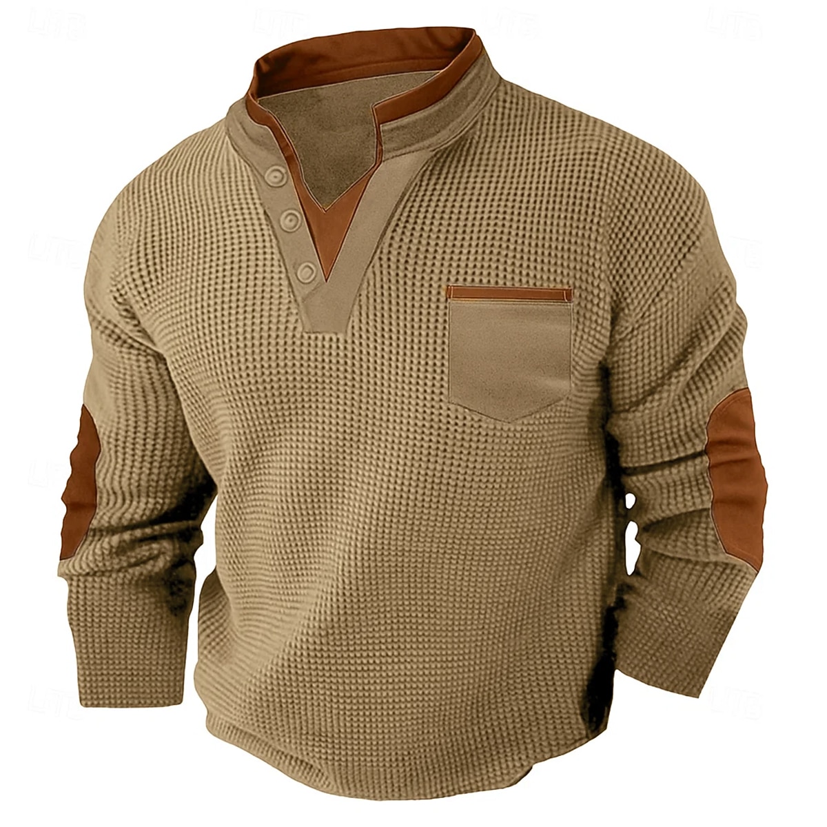 Men's Waffle Tee Waffle Henley Shirt Long Sleeve V Neck Spring &  Fall Solid Color Fashion Basic Fake two piece Street Casual Sports Black White Burgundy Top Tee for Men