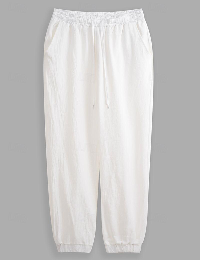 Men's Linen Pants Trousers Summer Pants Elastic Waist Straight Leg High Rise Solid Color Comfort Breathable Full Length Wedding Holiday Vacation Fashion Gray Green Black High Waist Inelastic