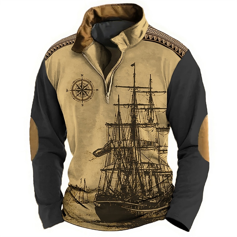 Men's Nautical Sweatshirts Sweatshirt Long Sleeve Hooded Sweatshirt Quarter Zip Daily 3D Print Holiday Going out Streetwear Light Brown Black Print Spring &  Fall Designer