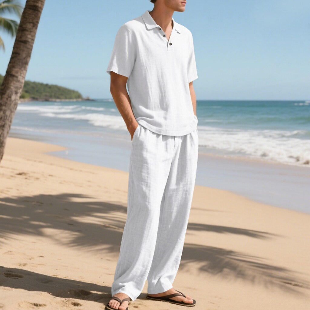 2-Piece Men's Linen Shirt  Popover Shirt And Linen Pants Trousers Casual Pants Set Plain Daily Outdoor Beach Turndown Short Sleeve Summer Spring Fashion Casual Comfortable Clothing Apparel