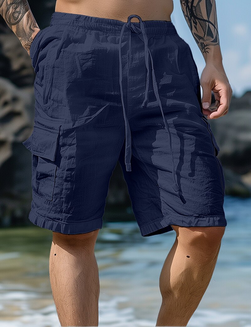 Men's Shorts Linen Shorts Summer Shorts Beach Shorts Drawstring Elastic Waist Multi Pocket Plain Knee Length Outdoor Beach Hawaiian Casual ArmyGreen Black Inelastic