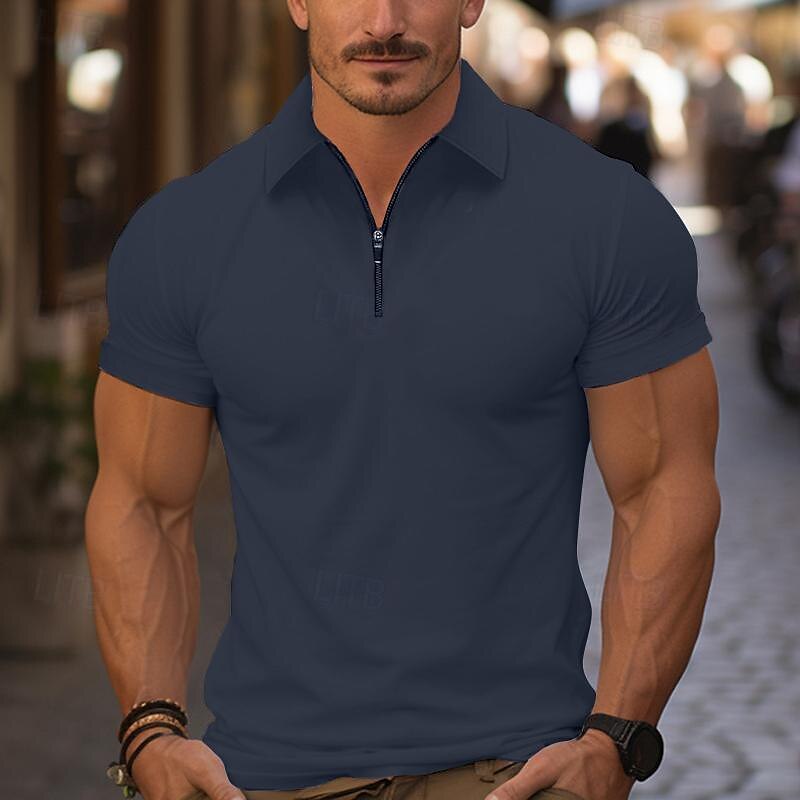 Men's Quarter Zip Polo Golf Shirt Daily Holiday Turndown Short Sleeve Fashion Basic Plain Spring & Summer Regular Fit Light Blue Black White Pink Wine Navy Blue Quarter Zip Polo