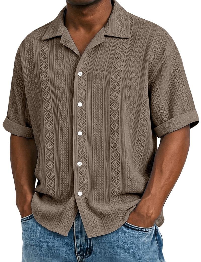 Men's Shirt Texture Button Down Shirt Jacquard Shirt Black White Light Green Navy Blue Purple Short Sleeve Geometric Lapel Daily Outdoor Jacquard Clothing Apparel Streetwear Casual
