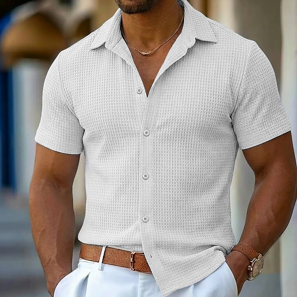 Men's Shirt Waffle Shirt Texture Casual Shirt Button Up Shirt Blue Black White Pink khaki Short Sleeve Plain Lapel Casual Daily Clothing Apparel Fashion Modern Casual Comfortable