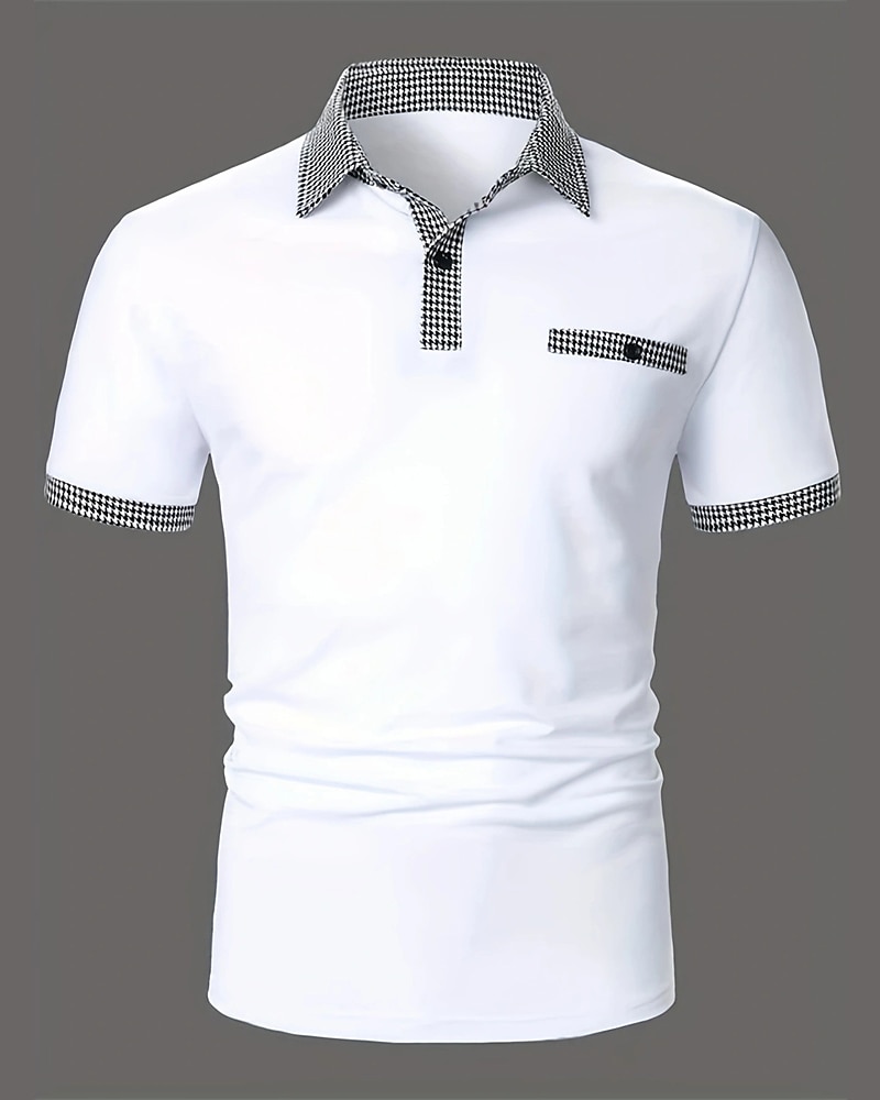 Men's Golf Shirt Golf Polo Work Casual Lapel Short Sleeve Basic Modern Color Block Houndstooth Patchwork Spring & Summer Regular Fit Black White Red Navy Blue Blue Beige Golf Shirt