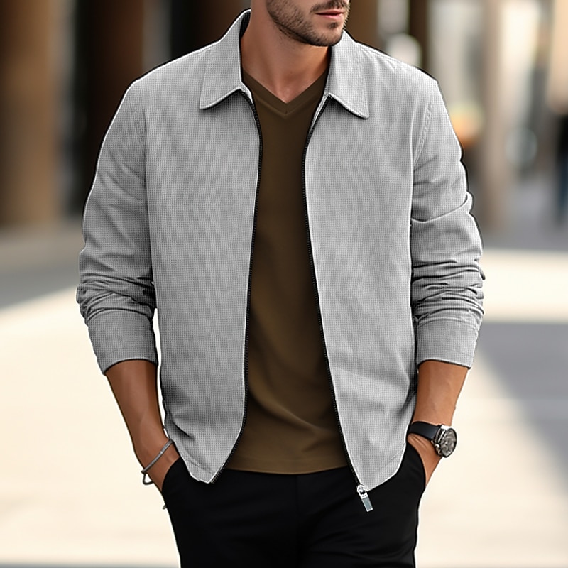 Men's Shirt Jacket Overshirts Transition Jacket Daily Wear Lightweight Pocket Spring Plain Streetwear Lapel Regular Waffle Fabric Black White Blue Khaki Gray Jacket