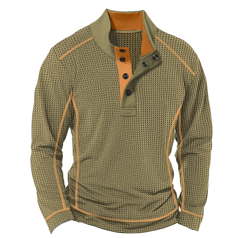 Men's Waffle Knit Top Long Sleeve Color Block Street Vacation Patchwork Clothing Apparel Fashion Designer Basic Henley Shirt