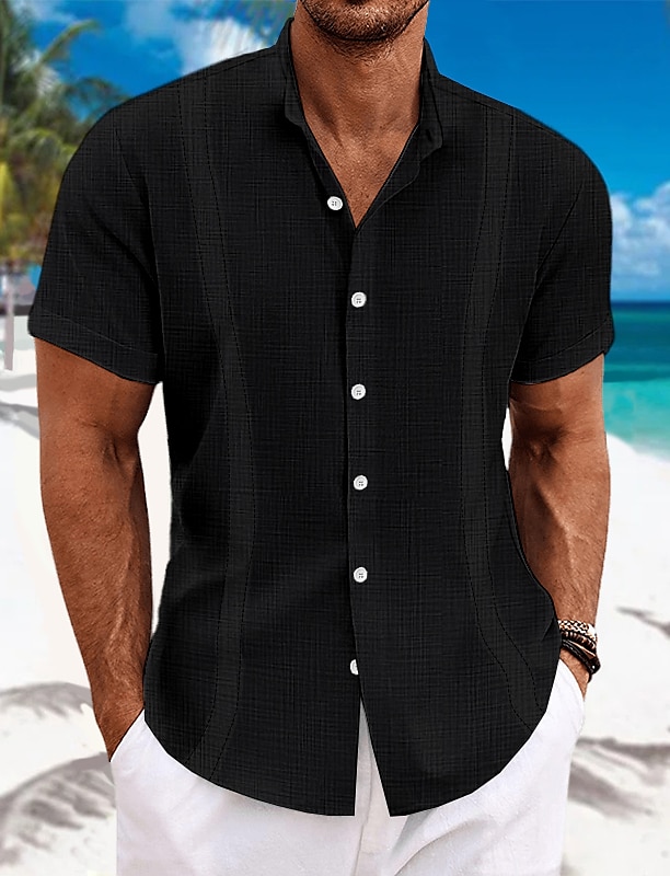 Men's Shirt Linen Shirt Guayabera Shirt Band Collar Shirt Summer Shirt Beach Wear Plain Vacation Curise Black White Blue Green Short Sleeve Collar Summer Clothing Apparel