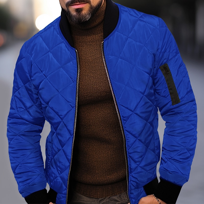 Men's Winter Jacket Quilted Jacket Outdoor Daily Wear Warm Pocket Fall Winter Plain Fashion Streetwear Standing Collar Regular Black Wine Blue Red & White Army Green Jacket