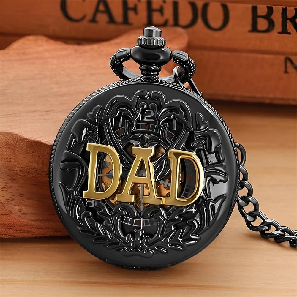 Black Engraved Mechanical Pocket Watch for Dad Vintage Skeleton Design with Chain Gift for Father Classic Timepiece