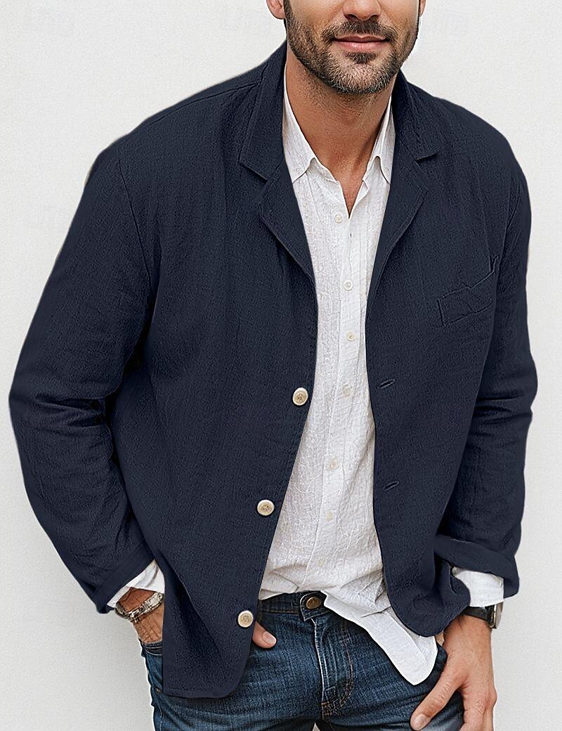 Men's Lightweight Jacket Blazer Jacket Linen Blazer Formal Office Spring Cotton And Linen Solid Color Comfy Single Breasted Blazer Light Green Navy Blue Brown khaki