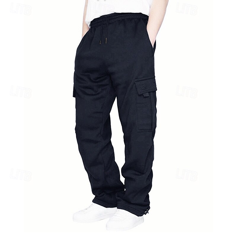 Men's Fleece Pants Sweatpants Joggers Trousers Cargo Sweatpants Drawstring Elastic Waist Multi Pocket Solid Color Windproof Outdoor Full Length Casual Daily Fashion Streetwear Loose Fit Black White