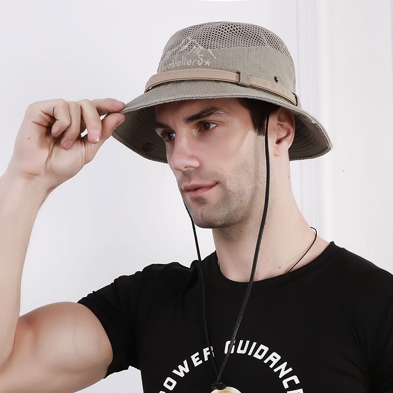 Men's Bucket Hat Sun Hat Fishing Hat Boonie hat Hiking Hat Black khaki Cotton Mesh Streetwear Stylish Casual Outdoor Daily Outdoor clothing Letter Embroidery UV Sun Protection Sunscreen Quick Dry