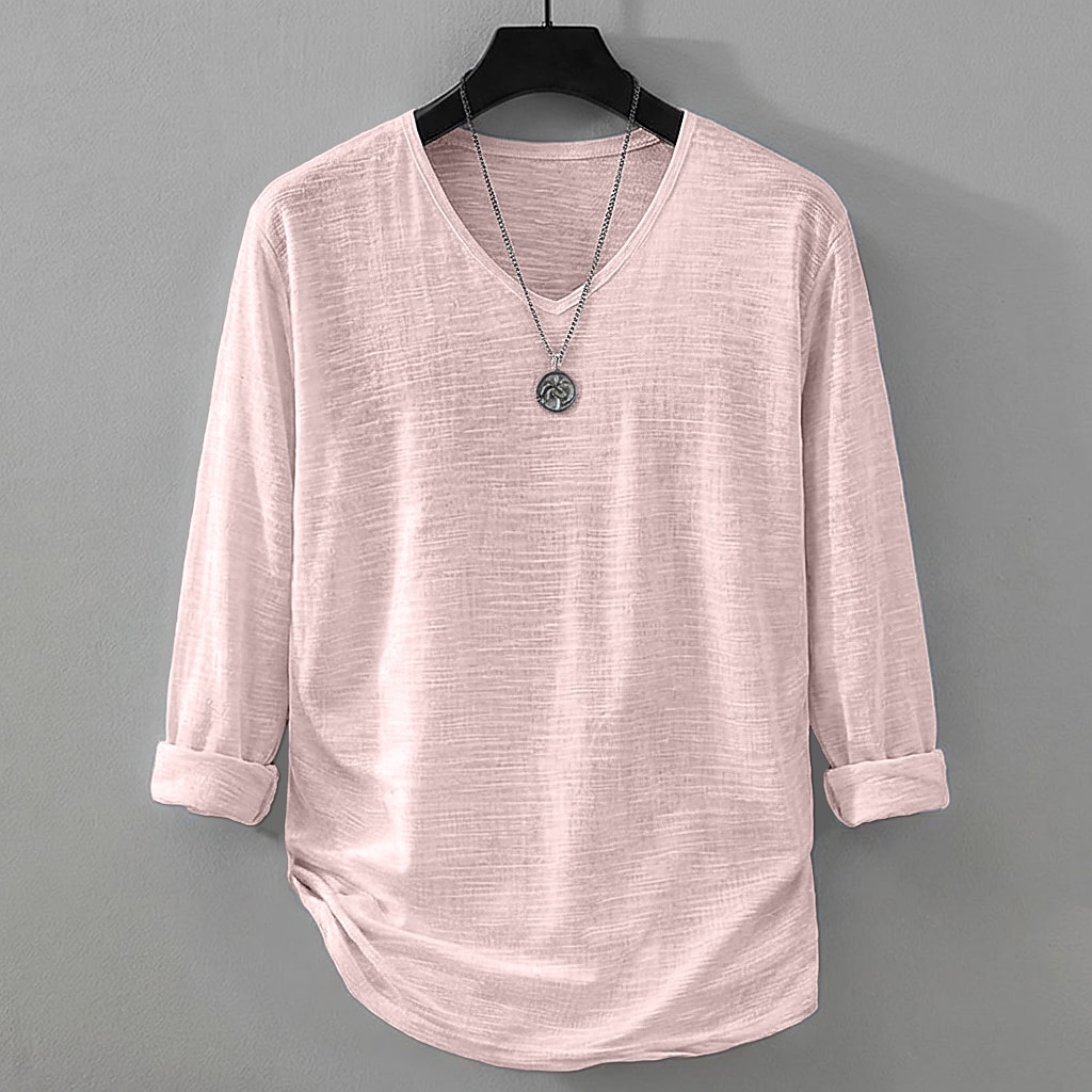 Men's Tee Top Linen T-Shirt Long Sleeve V Neck Summer Spring Solid Color Plain Daily Casual Street Style Plain Casual Outdoor Street Blue Lake blue Black Top Tee for Men